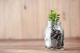 Small glass jar of silver coins with a green plant peeking over the rim