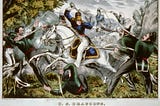 “U.S. Dragoons, Cutting Their Way Through A Mexican Ambuscade.” Print shows American cavalry using swords and pistols to escape an ambush by Mexican soldiers during the Mexican War.