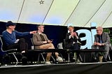 Steve Fuller (left) menacingly pointing his finger at Massimo Pigliucci (right). Also in the picture, moderator Jay Shapiro and co-panelist Joanna Kavenna, a novelist. Photo by Jennifer Sears.