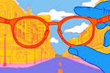 Colorful illustration with a pair of glasses in the foreground. Only the portion of the image behind the lenses is clear.