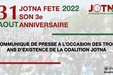 Communiqué de presse : La Coalition JOTNA fête son troisième anniversaire
