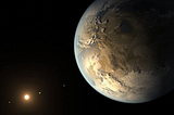 Concept art of an Earth-like planet orbiting a yellow star from a distance. Three other planets can be seen in the distance as small dots orbiting the star.