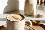 Jennifer Aniston Coffee Loophole Recipe — Clean morning coffee setup with beauty supplements and a wellness journal.