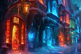 Magical storefronts with doors of fire, ice, water, poison, and so on.