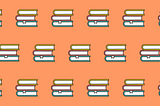 A pattern made up of a repeated icon of three books in a pile on top of each other. The top book has a bright yellow cover, the middle book has a bright pink cover and the bottom book has an aqua cover. The piles of books are on a bright orange background.