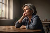Middle-aged woman sitting at a table, in front of a window, deep in thought.