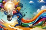 An imaginative representation of the creative process, highlighting a lightbulb entangled with colorful paint strokes above a blank page, set against a backdrop of a whimsical path through a vibrant landscape, symbolizing the journey of bringing creative ideas to life.