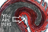 Pencil drawing showing part of an image of a dark wave, with the words “YOU ARE HERE” and an arrow pointing at the wave’s trough