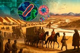 An illustrative image showing the ancient spread of malaria through trade and war. The background features trade caravans crossing desert and mountainous landscapes. In the foreground, historical soldiers from various regions are engaged in battle. Overlaid are magnified images of Plasmodium parasites and strands of ancient DNA. The scene blends warm earthy tones of historical settings with cool blues and greens representing the scientific elements.