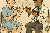A vintage-style illustration showing a Black doctor and a white patient sitting across from each other, joyfully speaking Japanese. The doctor wears a white coat, the patient is in a hospital gown and socks, and Mount Fuji is softly sketched in the background. Speech bubbles in Japanese read “Hontō ni?” (“Really?”) and “Hontō hontō” (“Really, really”).