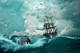 A stormy sea with a ship that is about to be torn apart.