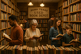 Readers browsing used books in a North Texas bookstore