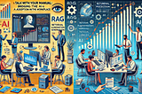 “Illustration showing two contrasting workplace scenes. On the left, a modern workplace where professionals use an AI-powered assistant on their devices for tasks such as checking protocols, torque specifications, and troubleshooting. On the right, a struggling workplace with employees flipping through paper manuals and making phone calls, appearing stressed. In the center top, a graph displays three lines: an exponential growth line for AI technology, a linear growth line for companies adopting