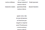 Moral baixo
líder mentiroso parlamento cúmplice juízes omissos 
povo largado
mortes cotidianas doença implacável Estado ignorante
mortes evitáveis
tratamento simples quarentena falida desastre funerário
mortes evitáveis
quanto vale a vida
de mais de duzentos 
mil brasileiros pra
ninguém se importar
assim? Pra deixarem
a morte acontecer
mesmo evitável?
líder genocida parlamento cúmplice juízes omissos
vidas perdidas