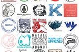 A 5 by 7 grid is filled with a variety of 32 stamps from different artists. Some include the artists’ names, some are images such as an owl or a hand, some are abstract, and all are printed using ink in many differentcolors. On the lower right, the Arts Gowanus logo and the TI Art Studios logo are included.