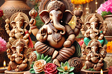 “A collection of beautifully handcrafted Shadu Mati (clay) Ganesh idols, adorned with traditional decorations and vibrant colors. The idols are placed on a decorative pedestal with a festive background featuring flowers and diyas, symbolizing an eco-friendly Ganesh Chaturthi celebration.”