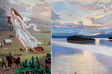 Details from John Gast’s “American Progress” and Akseli Gallen-Kallela’s painting of a lake.