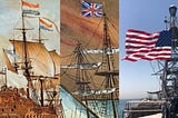 On the left a painting of a Dutch warship from the 17th century; in the middle a painting of a British warship from the 19th century; on the right a photo of a contemporary American warship.