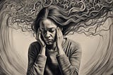 Image is a charcoal drawing created on NightCafe and showing a woman with her hands on her sleeps, her hair flying behind her, a sad expression on her face.