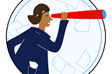Illustration of a female scientist in a lab coat looking through a looking glass, with sheets of papers flying in the background.