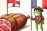 A cartoon image of English roast beef and a French frog holding the flags of their countries
