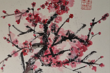 The picture shows a few branches of red and pink plum blossoms sprinkled with snow. The red seal reads: The Lord bestows peace.