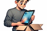 A cartoon character is taking a new M4 iPad out of a box. The character has expressive eyes, slightly tousled dark hair, and a casual outfit of a grey sweater and blue jeans. He has a delighted expression as he opens the box and takes out the iPad. The background is simple to keep the focus on the character and the iPad.