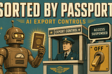A retro robot at a checkpoint holds a glowing passport as a power switch is flipped off; headline reads Sorted by Passport