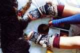 A girl’s legs wearing long socks and soft booties shown on a shite surface with a dog, a cup of tea, and a book.