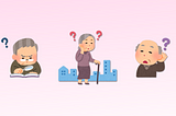 An illustration of a confused senior reading a book with a magnifying glass, a woman with a cane wandering in the city, and a hard of hearing old man.