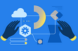 Abstract illustration of hands building something out of abstract shapes on a screen.