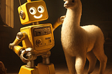 “A happy yellow robot playing with a white llama, styled in the manner of Rembrandt” (DALL·E)