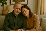 A couple sitting on a couch holding hands grieve the recent death of their child.