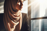 A woman wearing a hijab gazes out of a window, lost in thought.