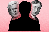 A mysterious silhouette rests center a red background. Peeking behind on the right is W. Hurst, from the left is N. Gingrich.