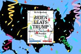 A silhouette of the United States with the New York Times headline, “Biden Beats Trump” on top. Confetti surrounds it.