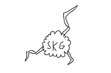 A logo of a cloud and lightning bolts extending out from all directions. In the center are the letters SKG which stands for Simple Kid Games