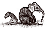 An elephant and donkey sitting back to back, staring angrily at electronic devices