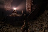 Lara Croft approaches a shiny gem she probably shouldn’t touch in Shadow of the Tomb Raider.