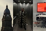 Three-part image: On the left, Leeds Town Hall clock tower at dusk. In the middle, Yatta is posing in a striped coat inside an elevator. On the right, a presentation room with a screen displaying ‘Getting to know the CCMPR’, ‘CCMPR Induction 2024’.