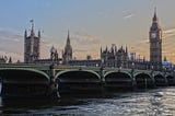 The Westminster Bridge with Big Ben on the right and the Palace of Westminster on the left