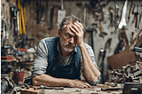 Depressed middle-aged man in a messy workshop.