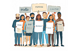 An illustration shows nine individuals from diverse nations each proudly display a sign featuring the word ‘hello’ in their respective native languages.