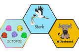 Three hexagons with cartoon animals. The first has five octopuses, the second has a stork, and the third has a wildebeest.