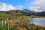A low mountain rises from a ridge, with the edge of a reservoir and a few newly-planted trees in the foregroun