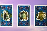 Three tarot pick a card piles from the Hanson-Roberts Tarot deck: pile 1 — treasure, pile 2 — mirror, and pile 3 — cup