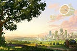 A solarpunk green landscape with a futuristic city on the horizon, from the video “Dear Alice”