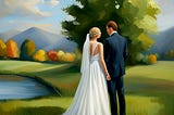 A recently married couple in an idyllic scene with a tree and a pond.