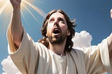 A funny depiction of Sam Altman portrayed as a god-like figure, with arms raised toward the sky, bathed in divine light, as if delivering heavenly AI wisdom from above.