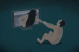 A naked man tries to pull a naked woman out of a screen.